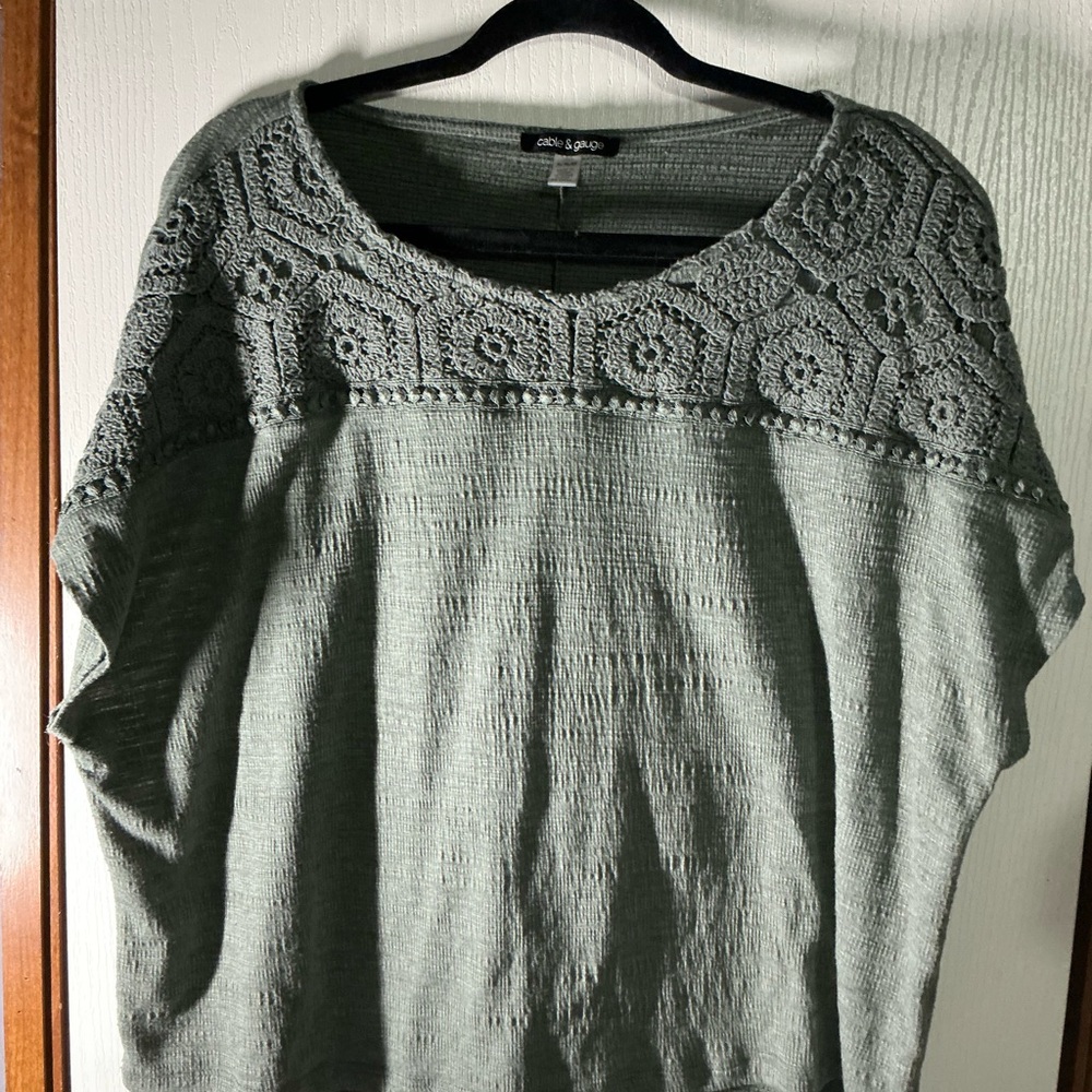 Olive Green Cable & Gauge Crochet Yoke Knit Top Size XL